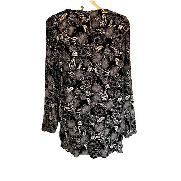 J. Jill Black White Floral Print Long Sleeve Tunic Top Medium Tiered Hem - Picture 3 of 6